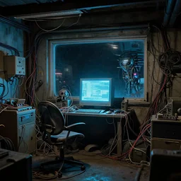 garage, retrofuturism, cluttered, wires everywhere, computer, window, at night, lit only by the luminescent computer screen, dramatic lighting, alien technology, detailed by simon stalenhag