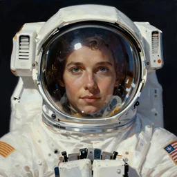 symmetrical!! portrait of an astronaut. close up. soft lighting, reflections. retro 8 0 s, realistic illustration, art by peter elson