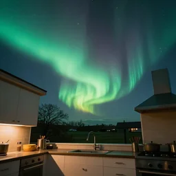 a photo of aurora borealis localized entirely within my kitchen, color photography, high quality, volumetric light, beautiful, 4 k