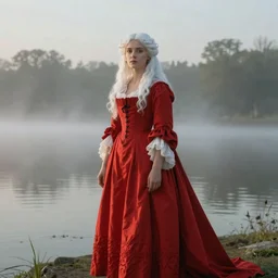 a stunning painting of a beautiful lady with white long hair and dressed with a red victorian cloak, standing in a lake, mist, morning light, dreamy atmosphere, cinematic, style of Jean-Honoré Fragonard