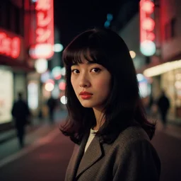 a Japanese woman with bangs on a street at night, 1966, 35mm photography, red neon lights