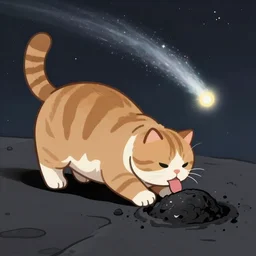a fat cat eating a black hole, digital art, artstation. Comet flying overhead