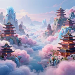 a psychedelic realm with roll plains made out of clouds, mountains made out of ice, and plant life made out of cotton candy in an alternate dimension, japanese style temples in the taiwanese style architecture with many glowing lanterns and levels, in the style of wlop, illustration, epic, fantasy, hyper detailed, smooth, unreal engine, sharp focus, ray tracing