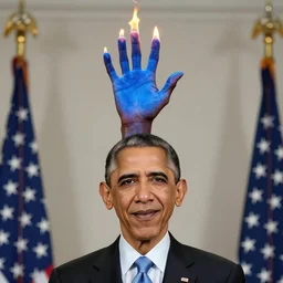 Obama has a blue fire engulfing above his hand, Obama is smiling towards the viewer, 40nm lens, 4k,