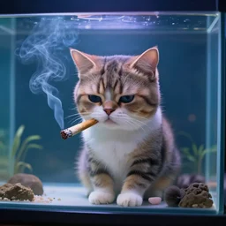A sad cat in an aquarium smoking a cigar, amazing digital art