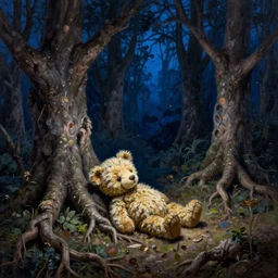 fantasy oil painting, small teddy bear laying on ground, surrounded by dead trees, blue night time, deep dark forest, roots, extremely detailed, intricate, cottagecore, readability, concept art, sharp focus, art by brothers hildebrandt