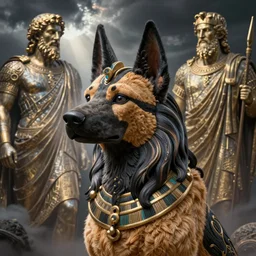 Dog as Death Anubis, detailed face, gorgeous, amazing, flowing hair, very muscular plush male body, partial anatomy, stormy background, caesar victorious, proud Emperor, crepuscular ray, intricate, highly detailed, 8K, digital painting, fantasy, artstation, concept art, sharp focus, over-shoulder shot, illustration, art by Wayne Barlowe and alphonse mucha