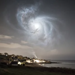 a beautiful double exposure of the astronomy picture of the day, nebula, with a rural seaside village landscape at night, soft white light, muted, neutral light, light blue tones, chimney smoke, long exposure clouds