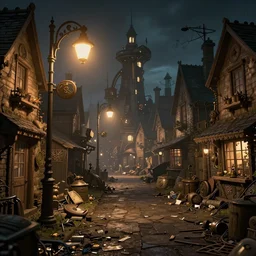 a steampunk village by albert kiefer, night, streetlights, atmospheric, beautiful atmosphere, junk on the ground, inspired by sherlock holmes trending on artstation, photo realistic, octane render, unreal engine 5