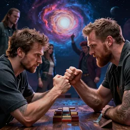 Epic dramatic CU character shot of a man pit against his mortal enemy in a thumb war for the fate of cosmic reality. Digital art. By Finnian MacManus, Dominik Mayer, Anton Fadeev, and Alena Aenami. Masterpiece. Trending on Artstation and CGsociety. World's greatest artistry. HDR. 4k. Amazing incredible awesome awe-struck fantastic intriguing. Creative use of colors. Fantastic lighting.