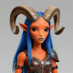 illustrated portrait of skinny prominently ram-horned woman with solid black eyes orange skin and blue hair wearing leather armor, hyper detailed, photorealistic