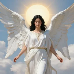 photo of an angel, long black hair, ancient persian, wings, clouds, sun, extremely detailed, hyperrealism, symmetrical, stippling, turquoise and gold and green and blue color scheme