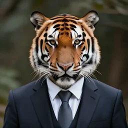 high quality portrait photo of an tiger dressed in a dark business suit and tie, Anthropomorphic, photography 4k, f1.8 bokeh, 4k, 85mm lens, sharp eyes, looking at camera