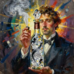 uncorked smoking bottle, crystals, greg rutkowski, john singer sargent, jackson pollock, oil painting, intricate