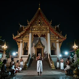 a portrait footage of a view of a thai temple with a horror 1 ghost exorcism by a shaman in white cloth in thai temple, night scene with flash, scene, highly detailed, still shot from movie, wide shot