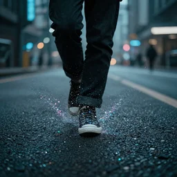 a knee-deep, thin layer of microscopic, multi-colored glitter swirls above a the gritty pavement in a cyberpunk city of the future