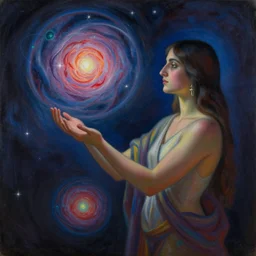 a shaman!! woman holding up the cosmic!! universe, by remedios varo, reflection, symbolist, pastel colors, dramatic lighting, smooth, sharp focus, extremely detailed, aesthetically pleasing composition