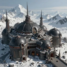 a beautiful highly detailed matte painting of a huge imperial Russian futuristic brutalist military installation, close up intimate view, snow capped mountains in the background, black domes and radio spires with blinking lights, Space Hulk, WarHammer 40k by Jose Daniel Cabrera Pena and Leonid Kozienko, concept art-H 640