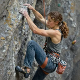 a stunning ultra realistic fine art painting of a teenage female rock climber wearing jeans, by tom bagshaw, studio portrait, muted colors, detailed hair,  4K