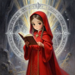 a portrait of girl priestess in red robes, magic book, magic circle, silver magic, god rays, portal background, fantasy, dungeons and dragons, an ultrafine detailed painting, chibi, detailed painting, boris valejo. octopath traveler decal!!!