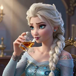 highly detailed closeup portrait of tattooed princess elsa drinking whisky, unreal engine, nicoletta ceccoli, mark ryden, lostfish, earl norem, global illumination, god rays, detailed and intricate environment