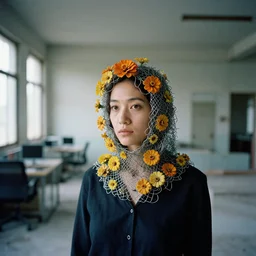 a woman wearing a hood made of wire and zinnias, in an abandoned office building, by steven assael, canon eos c 3 0 0, ƒ 1. 8, 3 5 mm, 8 k, medium - format print