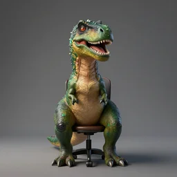 an anthropomorphic dinosaur sitting on a chair in a photoshoot studio