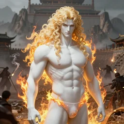 the latest blond male beefcake by Sakimichan, porcelain white skin, stalking the smoking chiaroscuro fields of battle, tall mountains and imperial citadel in the background, voluptuous male, long curly light blond hair, long fluffy blond curly hair, wreathed in scintillating radiance flames of war, hyper detailed background, 4K, artstation