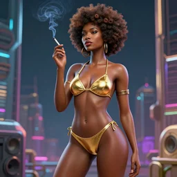 a woman in a gold bikini smoking a cigarette, cyberpunk art by bruce onobrakpeya, cg society contest winner, afrofuturism, daz 3 d, futuristic, y 2 k aesthetic