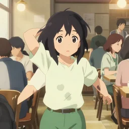 anime film visual illustration a young woman working in a busy cafe interior many people, cute face by ilya kuvshinov, makoto shinkai, kyoani, masakazu katsura, dynamic pose, crisp and sharp, yoshinari yoh, rounded eyes, anime poster, ambient light, focused, flat, cel shaded