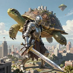giant knight with a sword and a whole city as a backpack fighting a giant turtle with an island on its back