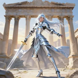 knights of zodiac girl, sliver ice color reflected armor, sword and katana dance in ruined agora of athens sunrise, ssci - fi and fantasy, intricate and very very beautiful and elegant, highly detailed, digital painting, artstation, concept art, smooth and sharp focus, illustration, art by tian zi and wlop and alphonse mucha