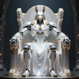 beautiful fantasy buff physique horus android wearing glowing white dress, authoritative pose on throne, futuristic, ultra realistic, dramatic lighting, robots, highly detailed by peter mohrbacher, hajime sorayama, wayne barlowe, boris vallejo, aaron horkey, gaston bussiere, craig mullins, octane render, cycles render, vray, iridescent