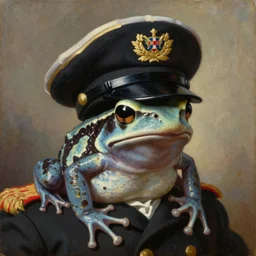 a head - and - shoulders portrait of an amazon milk frog wearing a captain's hat and military uniform, an american romanticism painting, oil on canvas, cgsociety, soft focus