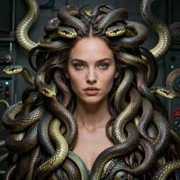 Medusa, Natalie Portman, lots of snakes for hair, snakes details, many snakes, background full of snakes, portrait,  very detailed, dramatic lighting, electrical details, high details, 4k, 8k, trending on artstation, by Greg Rutkowski, Wayne Barlowe, Hajime Sorayama and Boris Vallejo