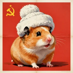 a soviet union propaganda poster of a roborovski hamster in a winter hat, detailed, smooth, old, crinkled, red and white colors