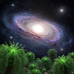 a bright galaxy with millions of stars and cosmic gasses filled with asteroids blooming green plants and vegetation, cosmic, galaxy, realistic, 4 k, plants