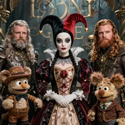 detailed ultrarealistic photography medium shot of fantasy jester queen addams family and furry muppet puppet leyendecker, norman rockwell, ian miller, artstation cinematic, vray game of thrones, lord of the rings, legend ( 1 9 8 5 )