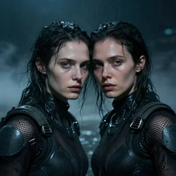 cinestill 5 0 d candid photographic portrait by helen levitt of two loving female androids wearing rugged black mesh techwear in treacherous waters at night, extreme closeup, modern cyberpunk moody emotional cinematic, dust storm, 8 k, hd, high resolution, 3 5 mm, f / 3 2, ultra realistic faces, ex machina