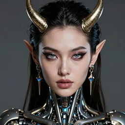 portrait of beautiful cyborg devil by sandra chevrier, by ibrahem swaid, cybernetics, glamor shot, closeup, simple rough lighting, hyper realistic detailed intricate render, hypermaximalist, ornate, epic composition, sharp focus, masterpiece