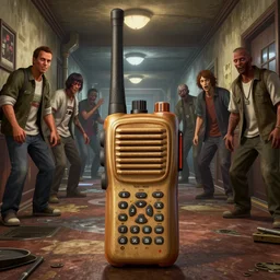 a walkie - talkie in gta v, macro perspective, interior hallway with zombies in the background, stephen bliss, unreal engine, fantasy art by greg rutkowski, loish, rhads, ferdinand knab, makoto shinkai and lois van baarle, ilya kuvshinov, rossdraws, tom bagshaw, global illumination, detailed and intricate environment