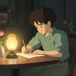 a wholesome animation key shot of cut sits at the table in the evening and draws a brush, an old lamp with a lampshade on the table glows with bright light, hipster vibes by studio ghibli, animation, sharp, rendered in unreal engine 5, focused, anime key art by greg rutkowski, bloom, dramatic lighting
