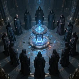 a dark cabal of multiple hooded elven mystics in long robes gathered in a circular formation around a quantum computer, advanced technology, dan seagrave, michael whelan art, beautifully detailed epic scifi art, symmetrical, cgsociety, artstation