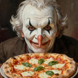 wrinkled! old man with long nose wearing pulcinella mask, with a pizza! margherita di napoli, menacing appearance, dramatic backlight, closeup, ultrafine detailed painting by joe fenton, trending on deviantart, masterpiece, very coherent