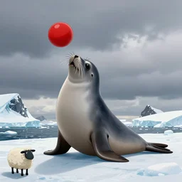 cartoon drawing of a seal tossing a red ball with a sheep in antarctica. the seal's head is sticking out above the water and the sheep is standing near the edge of ice