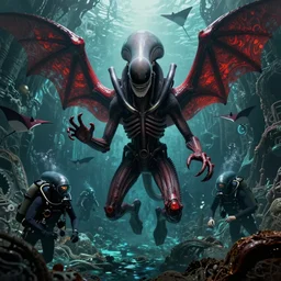 xenomorph greeting ocean divers emerging from the walls of a sunken tunnel rotting, helmet, beksinski, bruehgel, only red, great winged demon, manta rays, detailed background, masterpiece, alien bifurcated, style of otomo and tsutomu nihei