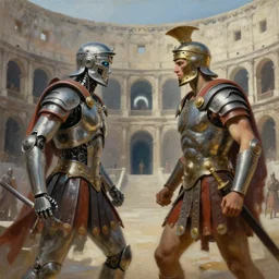 stunning painting of two cybertronic roman gladiators facing each other in a cyberpunk colosseum, sci - fi, focus on the gladiators, by delacroix
