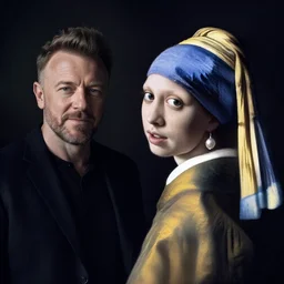 Ricky Gervais with a pearl earring by Vermeer