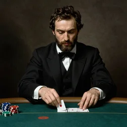 Bearded man in a suit playing poker, Caravaggio style