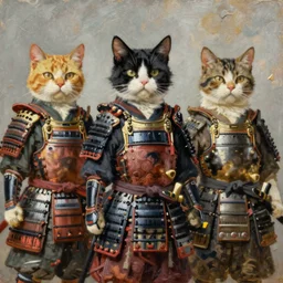 Three cat samurai with different colors of fur wearing different styles of Japanese armor, oil on canvas, by Rembrandt